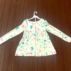 A long sleeve white T with blue and purple dots